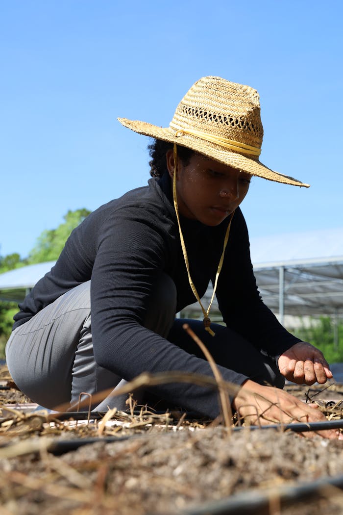 Sekitar 1 Seorang wanita bertopi jerami menanam benih di ladang pedesaan pada hari yang cerah.